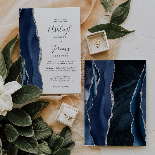 Modern Agate Navy Blue Silver Wedding Kaart