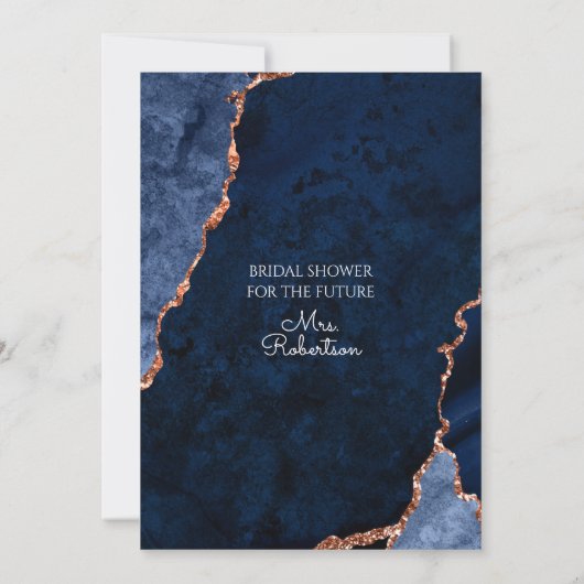 Modern Agate Navy Dusty Blue Roos Gold Bridal Invi Kaart (Achterkant)