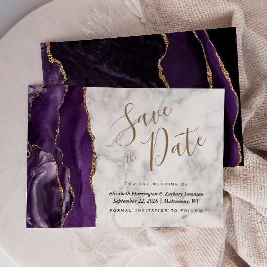 Modern Agate Paars Gold Marble Save the Date Kaart