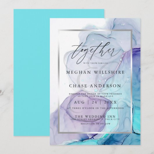 Modern Alcohol Ink Wedding Aqua Violet Uitnodiging (Voorkant / Achterkant)