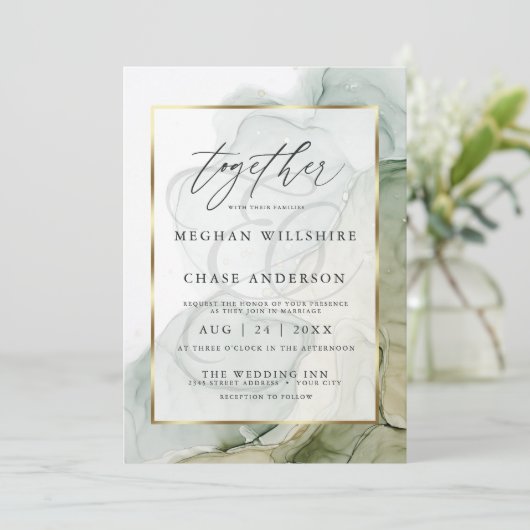 Modern Alcohol Ink Wedding Faded Sage Green Kaart (Staand voorkant)
