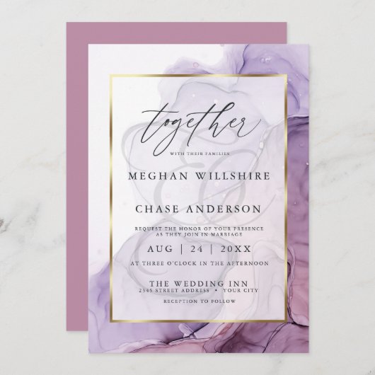 Modern Alcohol Ink Wedding Roos Plum Invitation Kaart (Voorkant / Achterkant)