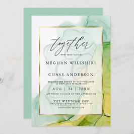 Modern Alcohol Ink Wedding Vibrant Greens and Gold Kaart