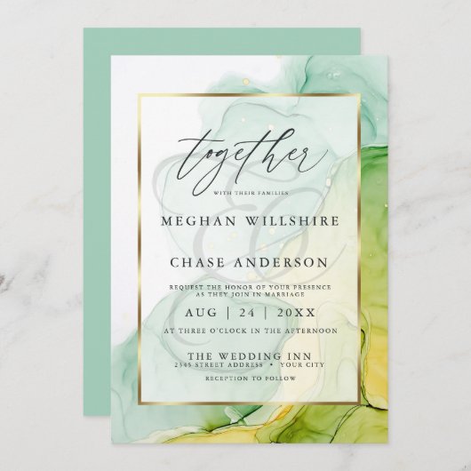 Modern Alcohol Ink Wedding Vibrant Greens and Gold Kaart (Voorkant / Achterkant)