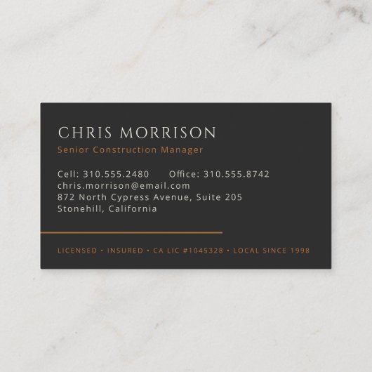 Modern algemeen bouwmanagement zwart visitekaartje (Achterkant)