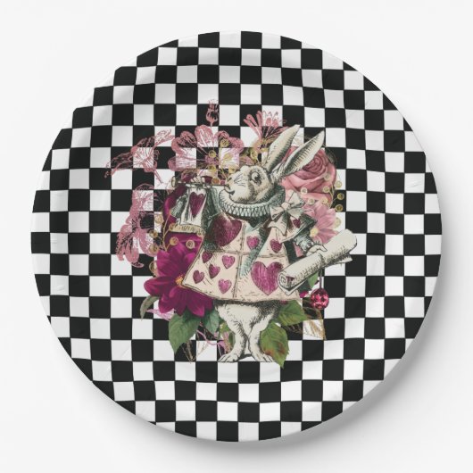 Modern Alice in Wonderland Konijn Zwart Wit Papieren Bordje (Voorkant)