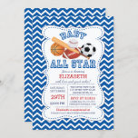 Modern All Star Sports Boys Baby shower Kaart<br><div class="desc">Modern bold & bright all star sport baby shower uitnodiging met een schattig honkbal, football, voetbal, baseball en honkbalknuppel. Onze It's a baby boy all star invite is geplaatst op een blauw & witte chevron zigzag achtergrond en heeft een bijpassende achterkant voor een extra speciale touch. Perfect voor een beetje...</div>