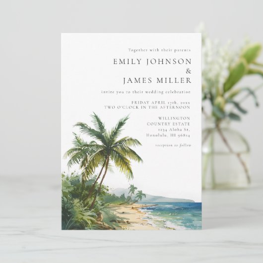 Modern alles in één Waterverf strand bruiloft Kaart (Staand voorkant)