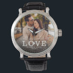 Modern ALLES WAT JE NODIG HEBT IS LOVE Wedding Pho Horloge<br><div class="desc">Modern chique fotohorloge met handgeschreven script en moderne typografie lezen:' Alles wat je nodig hebt is Liefde 'naast je aangepaste namen en trouwdatum. Personaliseer met uw favoriete foto en informatie. Geweldig cadeau voor pasgetrouwden,  een jubileum of Valentijnsdag!</div>