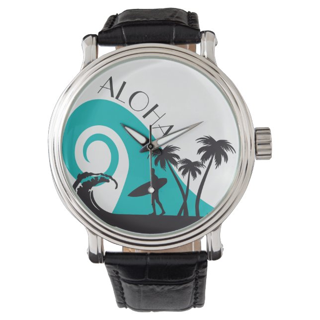 Modern Aloha Surf en Palm Trees Horloge (Voorkant)