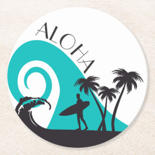 Modern Aloha Surf en Palm Trees Ronde Kartonnen Onderzetter