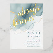 Modern Altijd Voor altijd Blauw Goud Strand Bruilo Folie Uitnodiging (Voorkant)