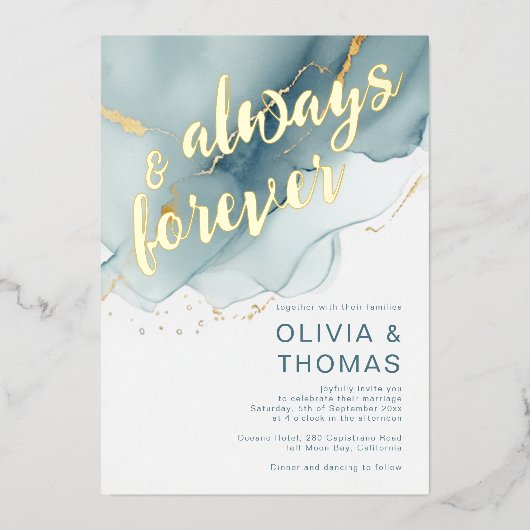Modern Altijd Voor altijd Blauw Goud Strand Bruilo Folie Uitnodiging (Voorkant)