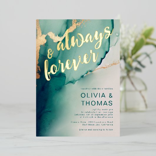 Modern Altijd Voor eeuwig Emerald Boho Beach Bruil Folie Uitnodiging (Staand Voorkant)