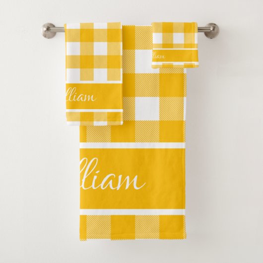 Modern Amber Geel Witte Buffalo Checks Bad Handdoek (Insitu)