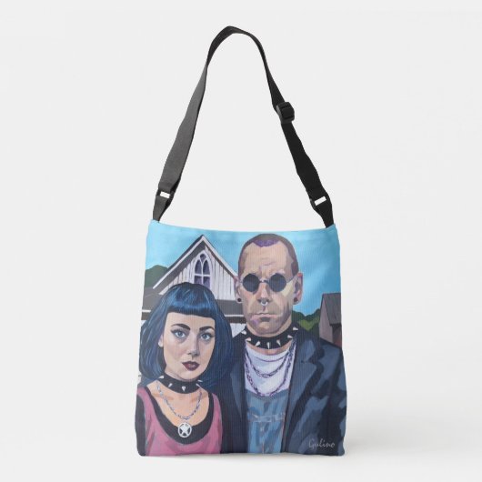 Modern American Gothic Art- Grant Woods Inspired Crossbody Tas (Achterkant)
