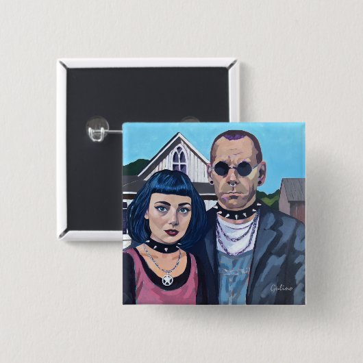 Modern American Gothic Art- Grant Woods Inspired Vierkante Button 5,1 Cm (Voorkant /achterkant)