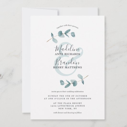 Modern Ampersand Eucalyptus Krans Script Bruiloft Kaart (Voorkant)