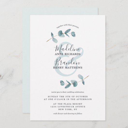 Modern Ampersand Eucalyptus Krans Script Bruiloft Kaart (Voorkant / Achterkant)