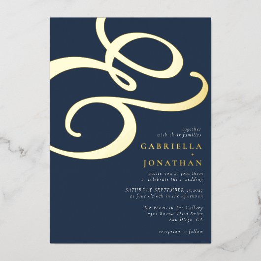 Modern Ampersand Navy Blue Wedding Gold Folie Uitnodiging (Voorkant)