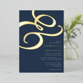 Modern Ampersand Navy Blue Wedding Gold Folie Uitnodiging (Staand Voorkant)