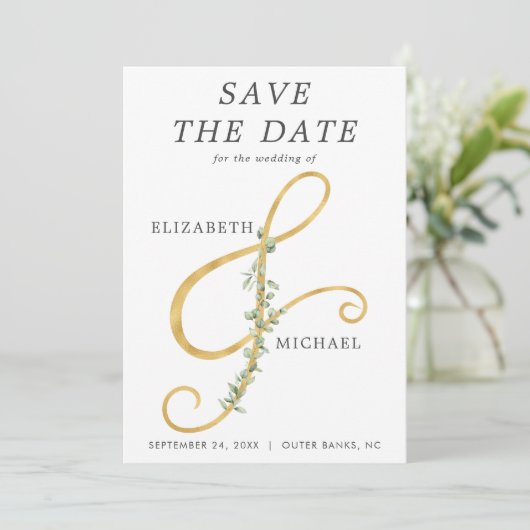 Modern Ampersand Simple Greenery Wedding Foto Save The Date (Staand voorkant)