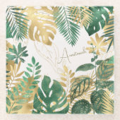Modern Anastasiah Goud Groen Tropisch blad Glazen Onderzetter (Voorkant)
