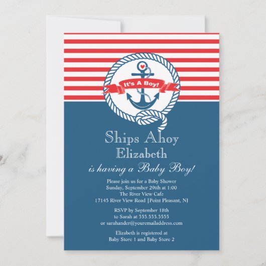Modern Anchor Nautical Sailboat Boy Baby shower Kaart (Voorkant)