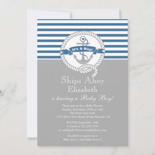 Modern Anchor Nautical Sailboat Boy Baby shower Kaart (Voorkant)