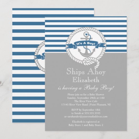 Modern Anchor Nautical Sailboat Boy Baby shower Kaart (Voorkant / Achterkant)