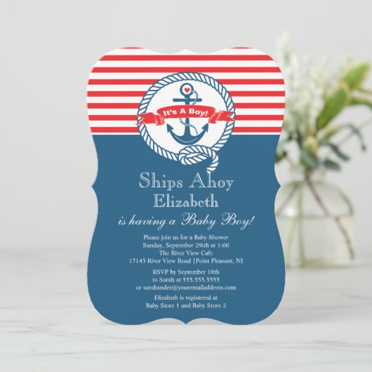 Modern Anchor Nautical Sailboat Boy Baby shower Kaart (Staand voorkant)