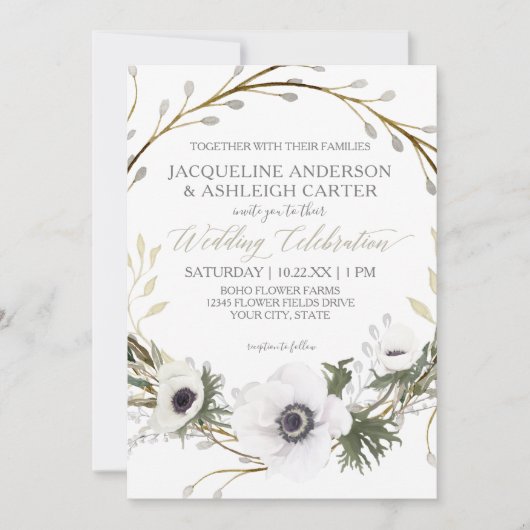 Modern Anemone Twig Fern Eucalyptus Wreath Wedding Kaart (Voorkant)
