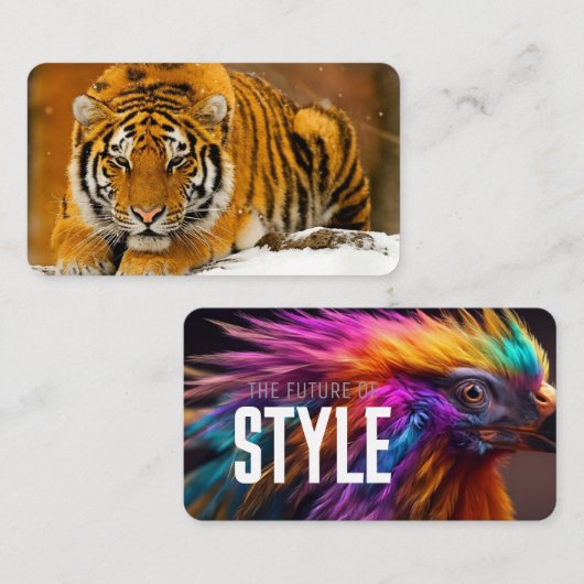 Modern Animal Art Card Set – Tiger & Fantasy Bird Visitekaartje (Voorkant / Achterkant)