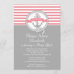 Modern Anker Nautische zeilboot Meisje Baby shower Kaart