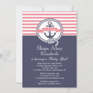 Modern Anker Nautische zeilboot Meisje Baby shower Kaart