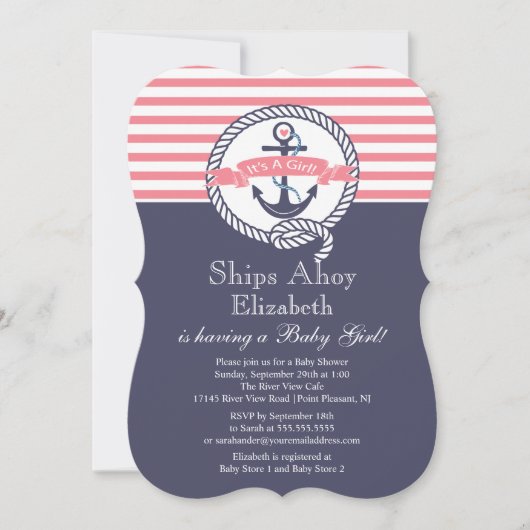 Modern Anker Nautische zeilboot Meisje Baby shower Kaart (Voorkant)