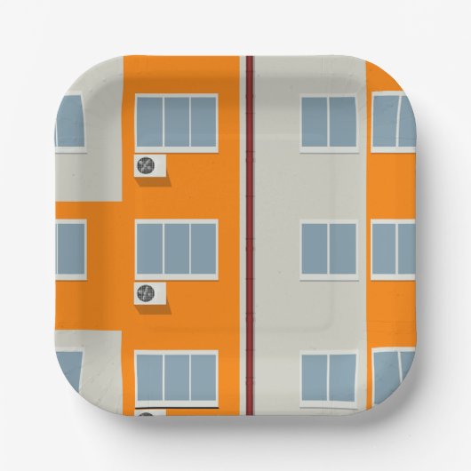 Modern appartementengebouw met airconditioners papieren bordje (Voorkant)