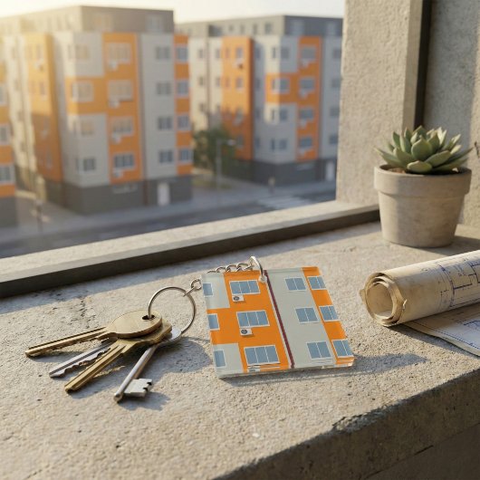 Modern appartementsgebouw met airconditioners sleutelhanger