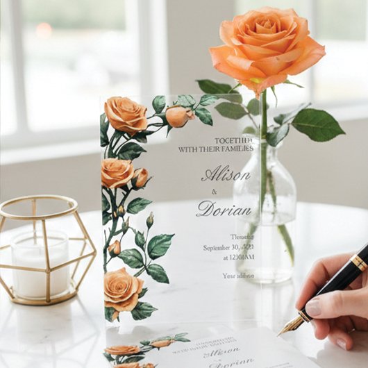 Modern Apricot Orange Rose Floral Acrylic Wedding Acryl Uitnodigingen