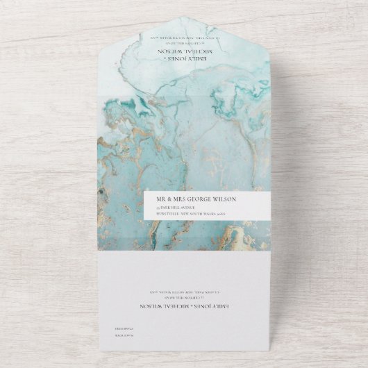 MODERN AQUA BLAUWGROEN BLUE GOLD AGATE ABSTRACT WE ALL IN ONE UITNODIGING (Buitenkant)