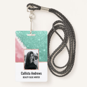 Modern Aqua Blauwgroen Roze Waterverf Beach Badge