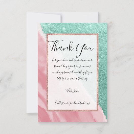 Modern Aqua Blauwgroen Roze Waterverf Beach Bedankkaart (Voorkant)