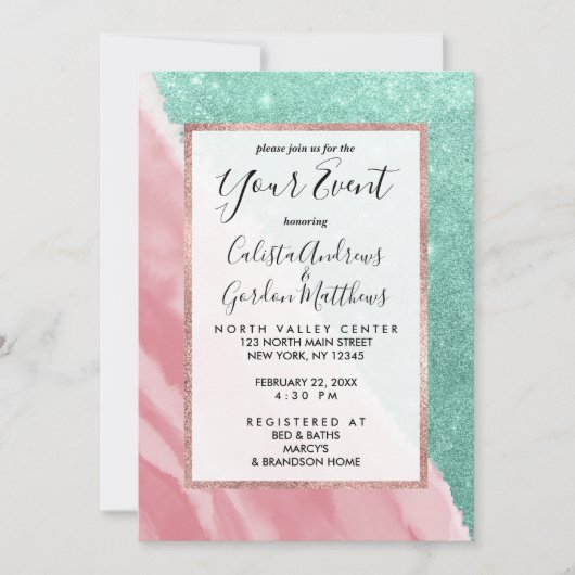 Modern Aqua Blauwgroen Roze Waterverf Beach Kaart (Voorkant)