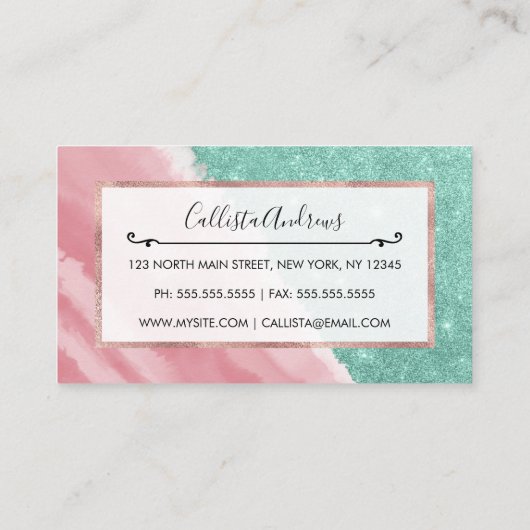 Modern Aqua Blauwgroen Roze Waterverf Beach Visitekaartje (Achterkant)