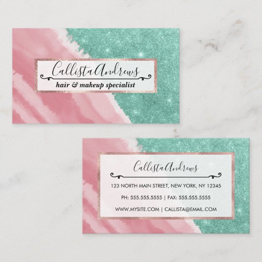 Modern Aqua Blauwgroen Roze Waterverf Beach Visitekaartje (Voorkant / Achterkant)