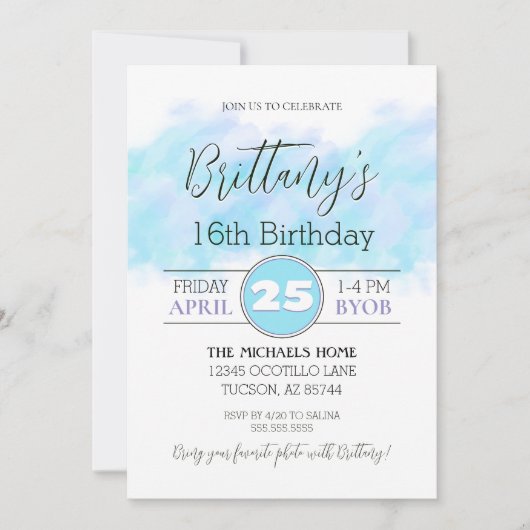 Modern Aqua Blue 16e verjaardag uitnodiging (Voorkant)