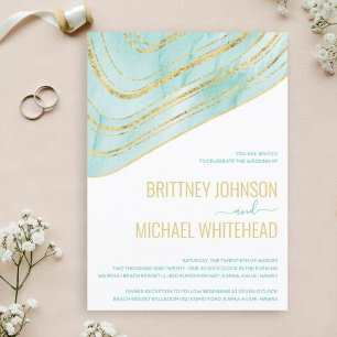 Modern Aqua Blue Agate Gold Foil Wedding Kaart
