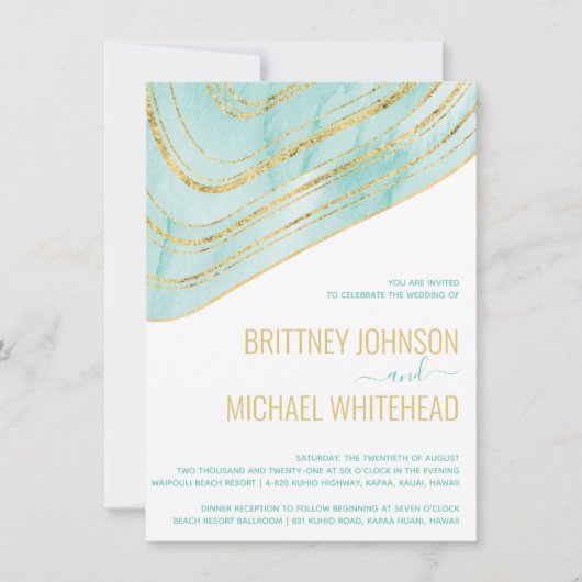 Modern Aqua Blue Agate Gold Foil Wedding Kaart (Voorkant)