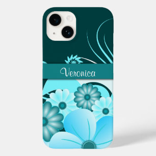 Modern Aqua Blue Blauwgroen Summer Hibiscus Floral Case-Mate iPhone 14 Hoesje