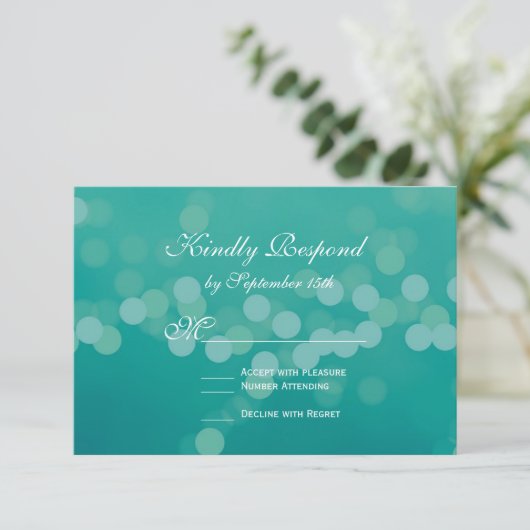 Modern Aqua Blue Bokeh Wedding RSVP-kaarten RSVP Kaartje (Staand voorkant)